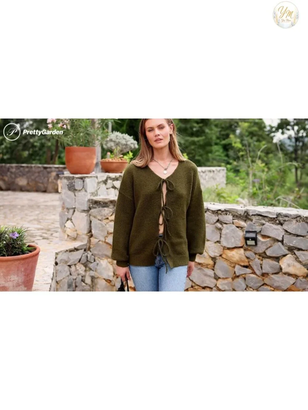 Women's Tie Front Bow Cardigan, Puff Sleeve Cable Knit Open Front Sweater